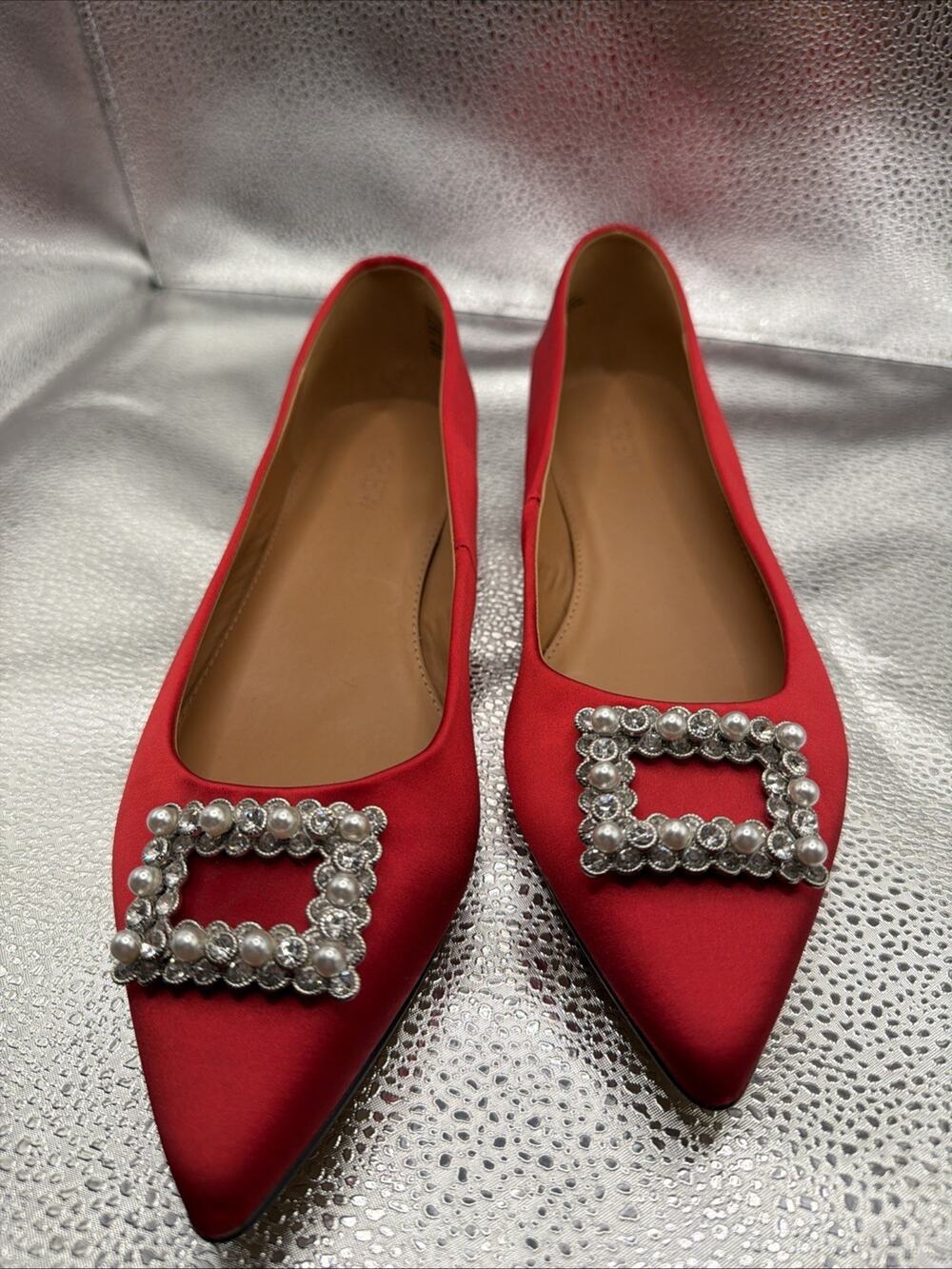 Crystal Embellished Pointed-Toe Satin Flats | Sz 8.5 Ruby Red | J Crew